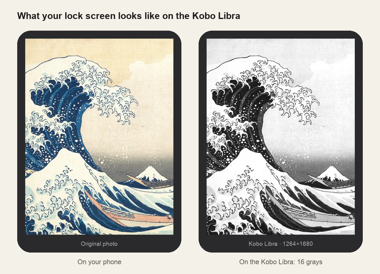 The same picture on a phone and on the Kobo Libra screen at 1264×1680